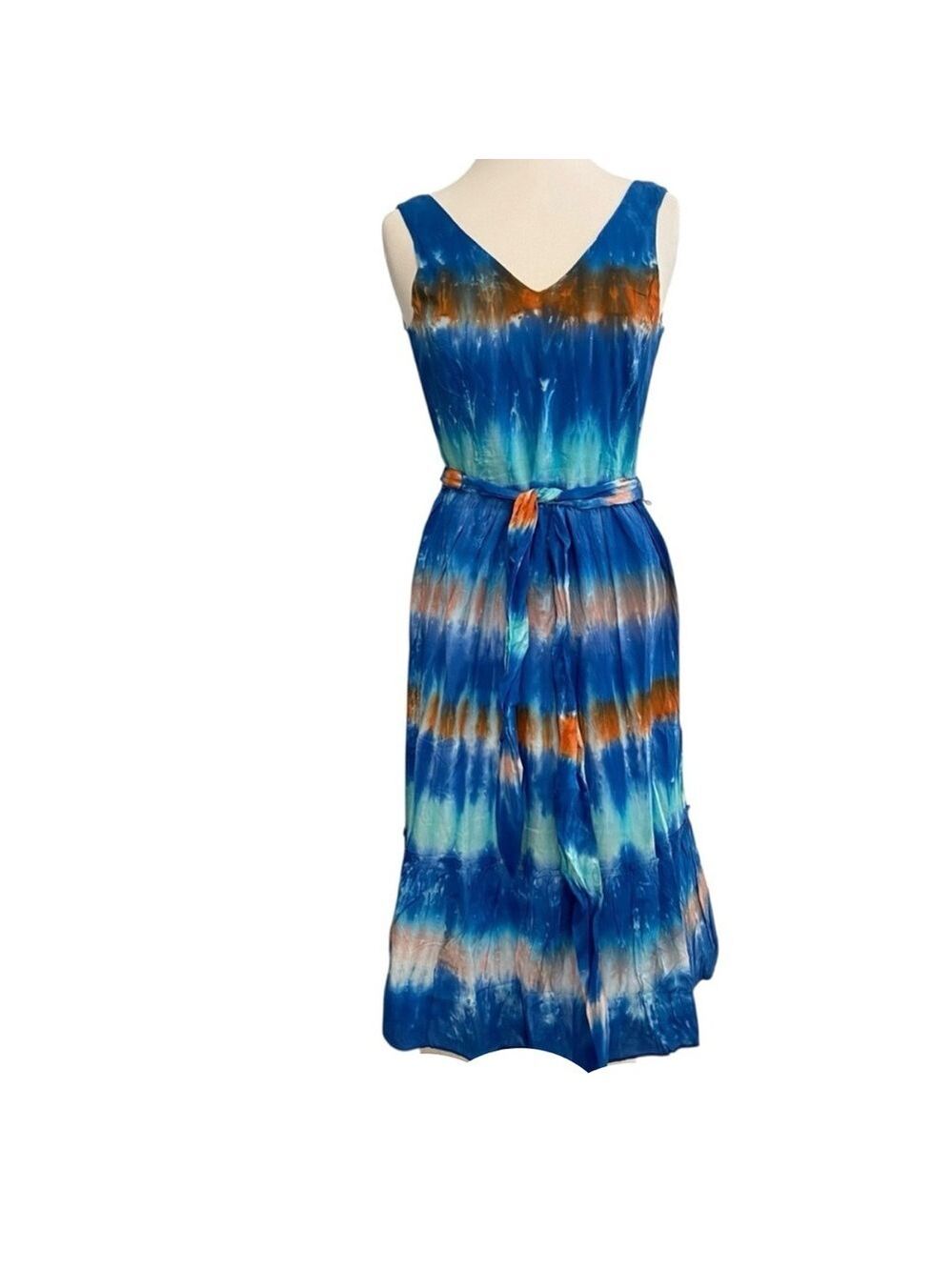 Hatley Sidney midi dress NWT woven V neckline sleeveless blue tie dye belt small